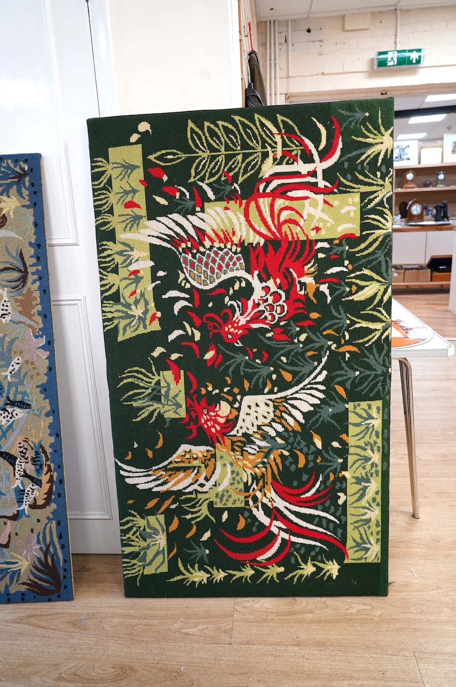 A ‘Lurcat’ style modernist needlework panel depicting two cockerels, 144cm wide, 82cm high. Condition - good